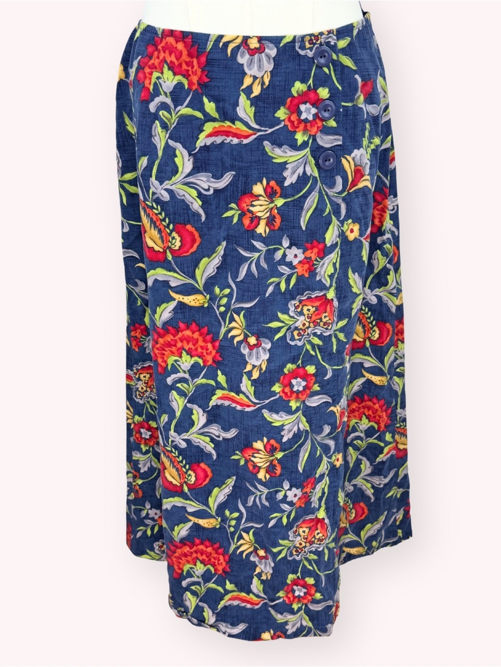 Talbots Vintage Floral A-Line Maxi Skirt Blue Red Yellow Button Detail